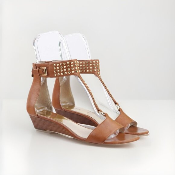 Michael Kors Women's Celena Sandal Size 7 Low Wedge Studded Ankle Strap Cognac - Picture 9 of 9